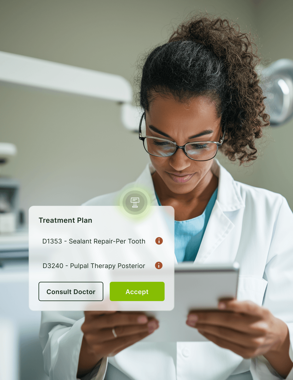 A dentist in a white coat and glasses reviews a treatment plan on a tablet, displaying options for sealant repair and pulpal therapy.