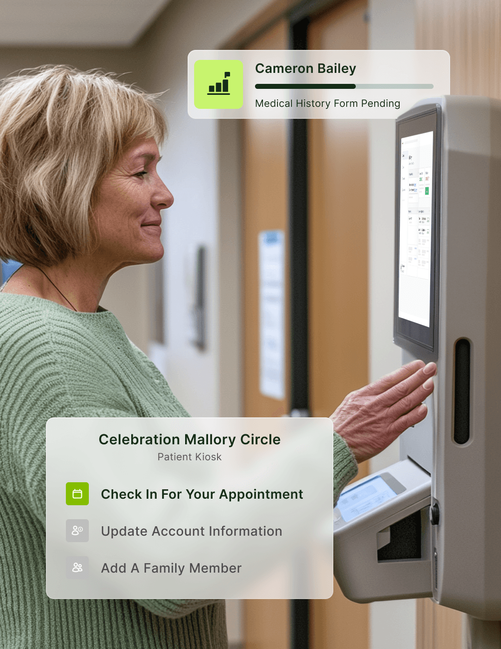 Woman using a dental kiosk to check in for an appointment. Screen displays options like updating account info and adding a family member.