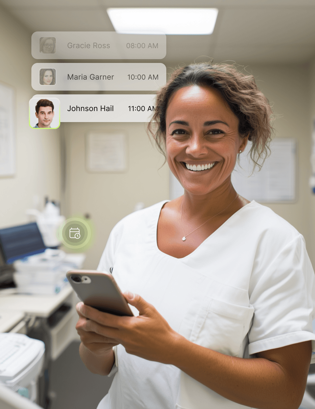 Smiling dental professional in a clinic holding a phone, with appointment schedule displayed digitally beside her.