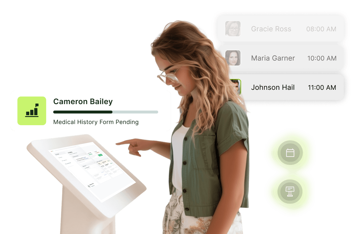 A woman interacts with a touchscreen kiosk displaying a medical history form. Notifications of appointments appear beside her.
