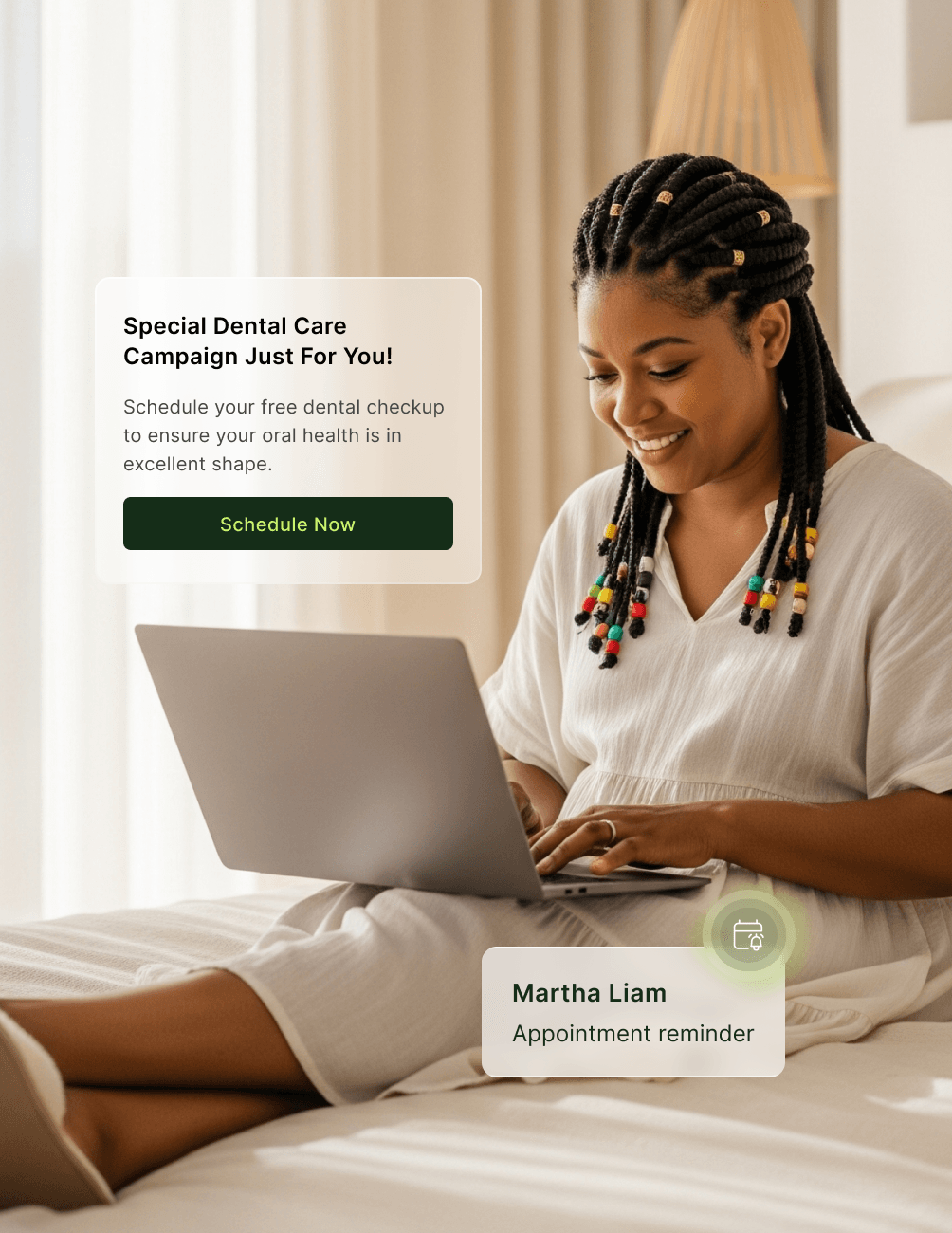 Messaging Campaigns Woman with braided hair using a laptop on a bed, with a dental care campaign and appointment reminder on screen.