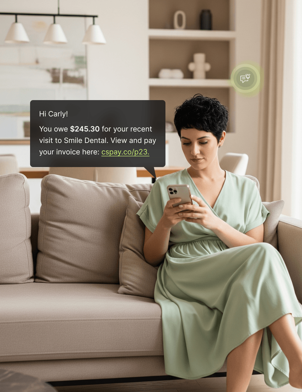 Individual Messages A woman in a green dress sits on a beige sofa, looking at her phone. A notification about a dental bill appears next to her.