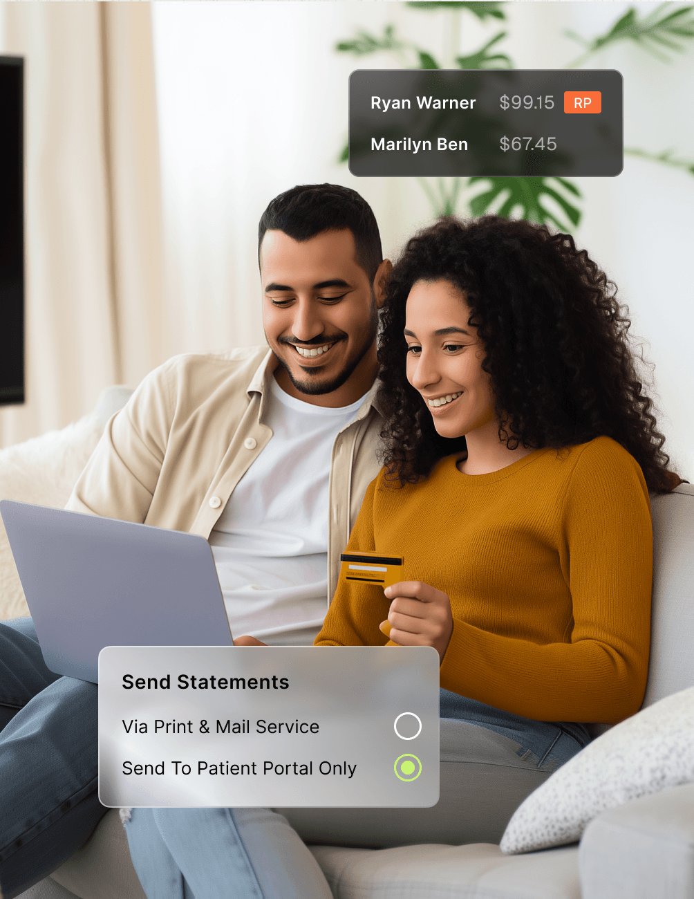 Precise Payment information with access to statements A smiling couple sits on a couch, using a laptop and holding a card. Options for sending statements are displayed on the screen.