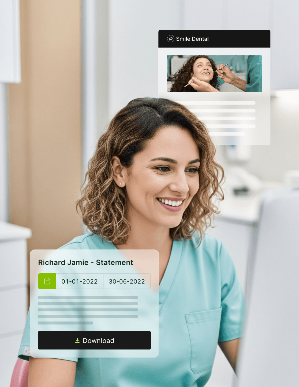 Message Templates Smiling dental professional in scrubs at a computer, with digital overlays of patient statement and dental clinic logo.