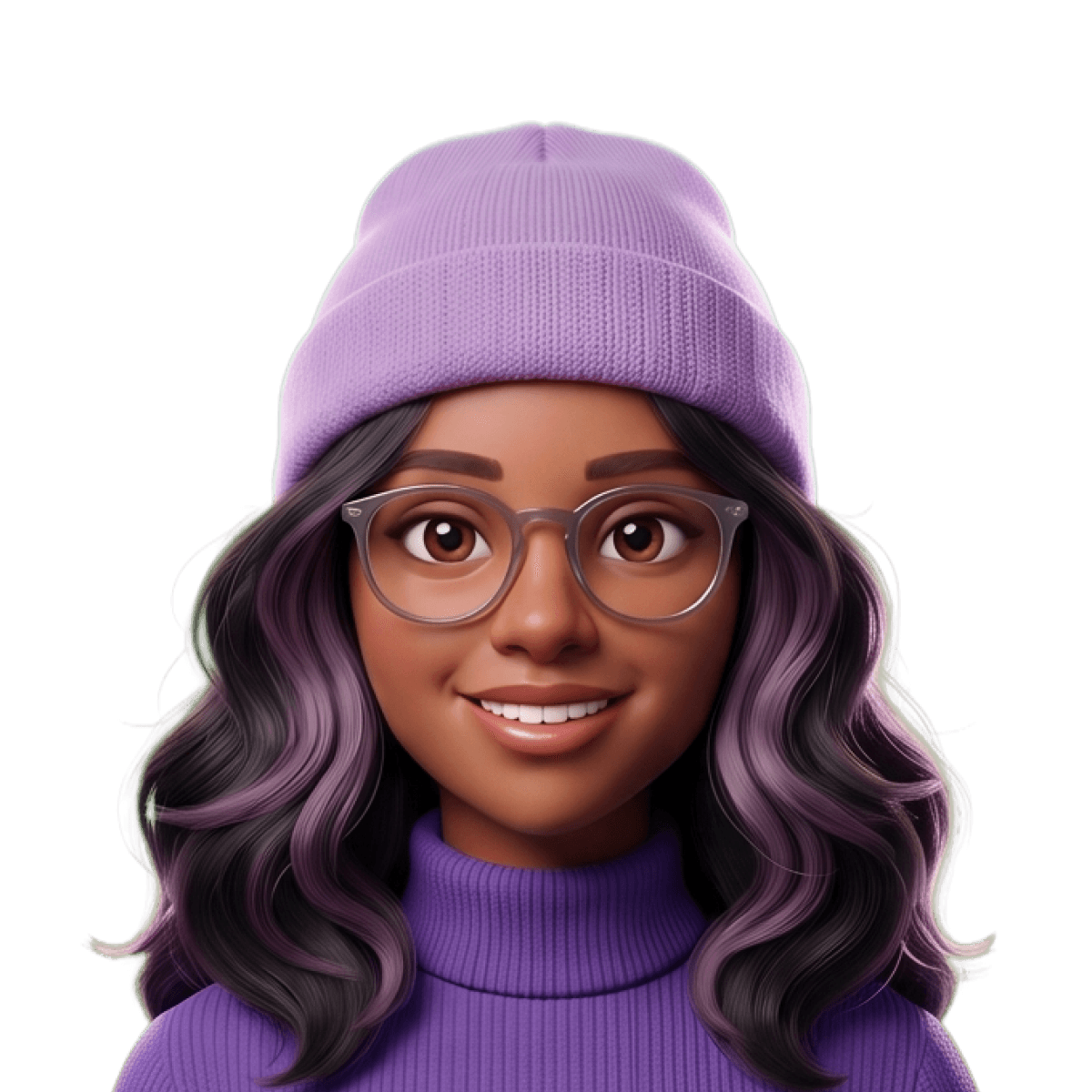 Colby Smiling animated character with glasses, wearing a purple beanie and sweater, and curly hair with purple highlights.